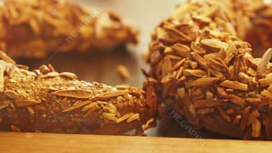 Fresh baked croissants made with almonds in a bakery