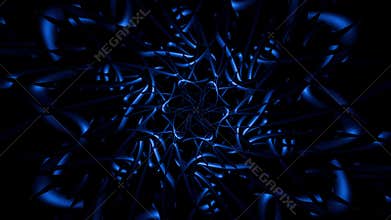 Looped animation of dark blue fractal mandala made of symmetrical 3D curves with metallic surfaces