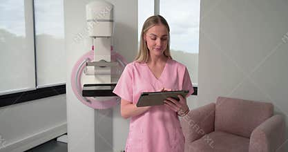 Adult woman in pink scrubs preparing for patient exam, tapping tablet by mammography unit