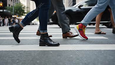 Woman and men cross busy city road. Commuters walking on crosswalk in urban street. Pedestrian traffic concept.