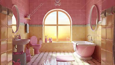 Sunlit Retro Pink Bathroom with Arched Window, Bathtub, and Vintage Fixtures