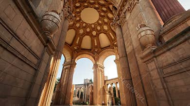 Palace of Fine Arts dome and columns San Francisco handheld low angle 4K shot