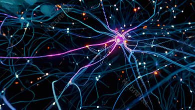 Single purple neuron firing with glowing axon and branching dendrites, synaptic