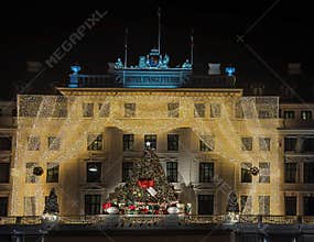 Hotel D\'Angleterre during winter night, Copenhagen, Denmark