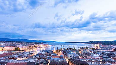 Panoramic night view of the city of Geneva, Lake Geneva