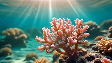 Coral polyp cluster sways gently underwater with sunbeams filtering through clear blue water