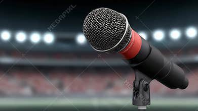 Microphone stands in a stadium before a sports event during the evening, ready for announcements and interviews