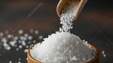 Coarse Sea Salt Pouring into Wooden Bowl on Dark Background