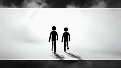 Two Black Stick Figures Journeying Through White Fog Animation