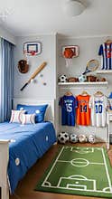 Sporty-themed bedroom with various equipment