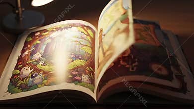 Open Book with Fantasy Illustrations on Table