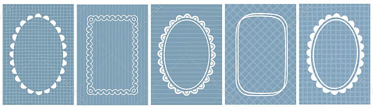 Fun Scallop Frame Set with Retro Blue Background. Cute oval and rectangle shaped borders.