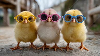Chicks in colorful glasses outside