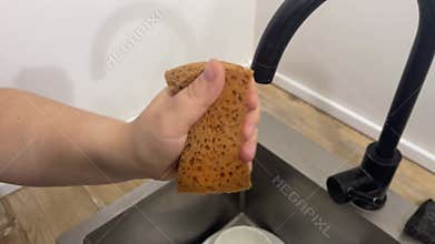 Cellulose Sponge for washing dishes contracting and expanding, hissing