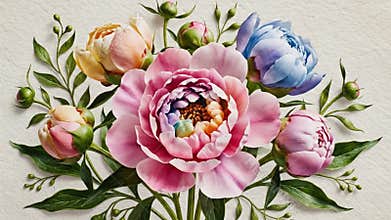 Bright pink peony arrangement. Elegant watercolor illustration of blooming peonies. Serene springthemed watercolor