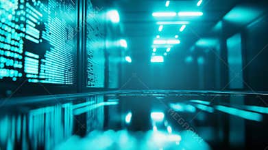 Server racks displaying binary data in a data center