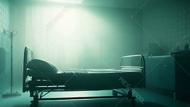 Empty hospital bed in dim, mysterious ward
