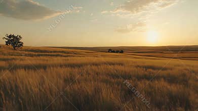 Golden hour light over tall grass field