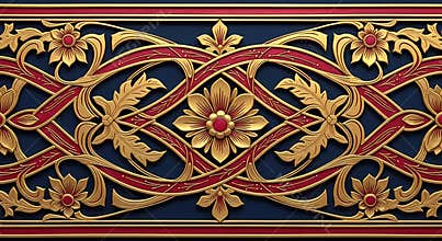 Ornate Gold Floral Pattern on Dark Blue Background with Red Accents