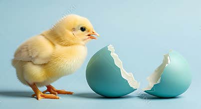 Yellow Chick Standing Near Cracked Blue Eggshell on Light Blue Background