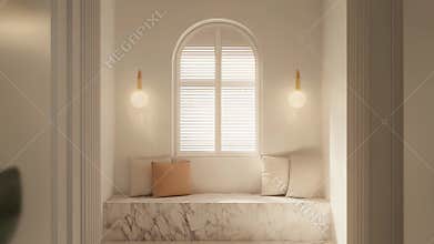 Minimalist interior with arched window and marble bench
