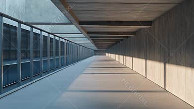 Long modern concrete corridor with parallel shadows