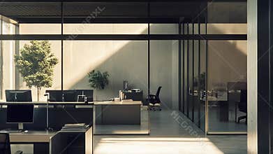 Modern office interior with glass walls and plants
