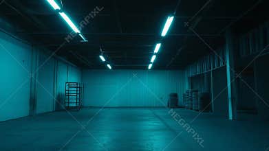Empty industrial warehouse with moody blue light