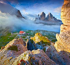 Colorful summer morning in Italy Alps, Tre Cime Di Lavaredo, Dolomites, Europe.