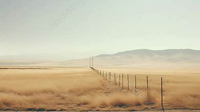 Desert fence dividing vast arid steppe landscape