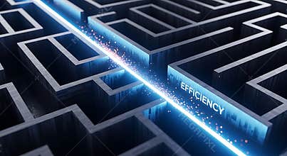 Bright blue light beam illuminates the optimal efficiency path through a complex dark maze structure