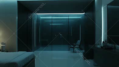 Dark futuristic bedroom interior with blue neon light