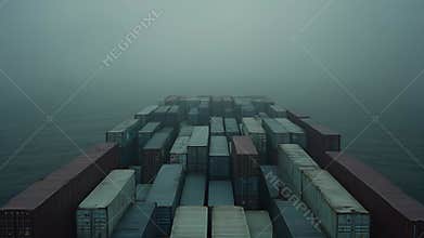 Container ship navigating through dense ocean fog