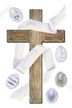 Wooden Christian cross with white ribbon cloth, decorated Easter eggs. Watercolor religious symbol isolated on white background