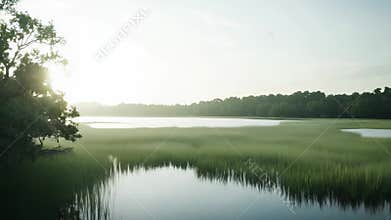 Serene marsh landscape reflecting morning light