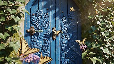 Blue Arched Front Door Hidden Within Ivy-Covered Stone Wall Cottage Entrance