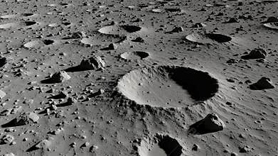 An extraterrestrial surface with numerous craters and rocky terrain, showcasing the desolate beauty of a celestial body\'s barren 