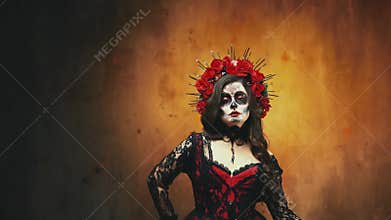 Silhouette gothic woman Calavera walking rear view looking back beauty face sugar skull art holiday make-up roses crown