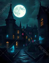 A fantastical dark gothic haunted mansion, with glowing windows, and glowing ghosts, under a full moon night, halloween themed