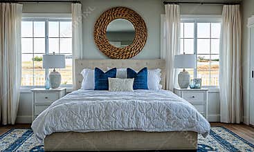 A bright and airy bedroom with a cozy bed, large windows, and a woven mirror