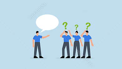 Ramble, frustrated business boss explains a confused labyrinthine speech bubble to team members