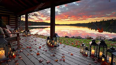 Cozy Cabin Porch with Lanterns Overlooking Autumn Lake Sunset