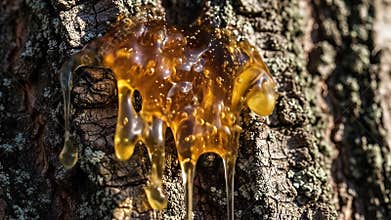 Sap Flowing Down Tree Bark in Forest Sunlight