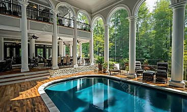 Luxurious indoor-outdoor pool area with arched windows and columns