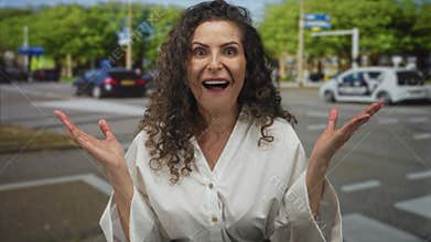Curlyhaired woman wearing white blouse with raised hands and open mouth in street; unexpected amazement