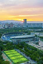 Beijing Olympic Center cityscape andsunset, China
