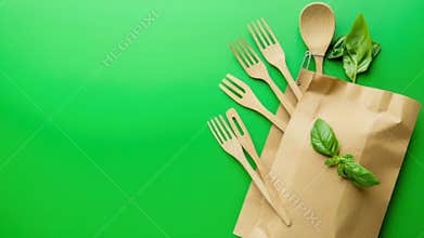 A paper bag containing wooden utensils on a green background