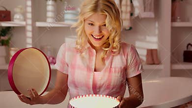 Portrait smiling surprised Caucasian girl female teenager woman in pink candy glamour bathroom open delivery shop