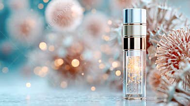 Exosome serum displayed in a clear glass vial, with soft bokeh and biological motifs in the background