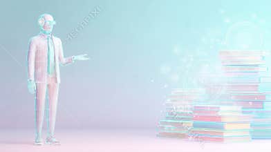 Digital Humanoid Interacts With Stacks of Colorful Books in a Futuristic Setting With Soft Pastel Hues